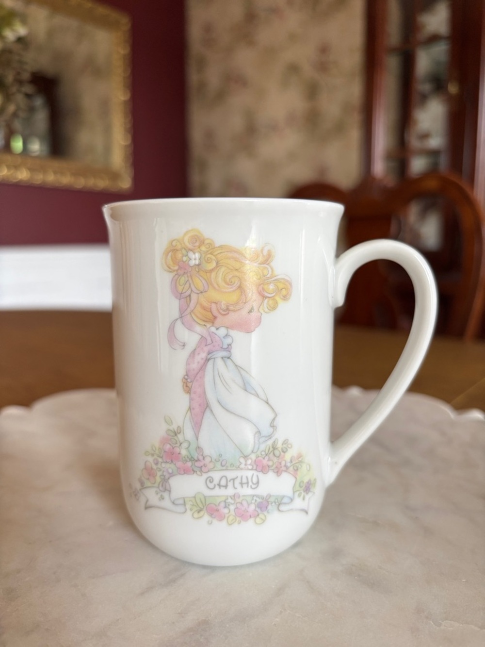 Vintage Precious Moments Personalized White Ceramic 'Cathy' Floral Portrait Mug‎